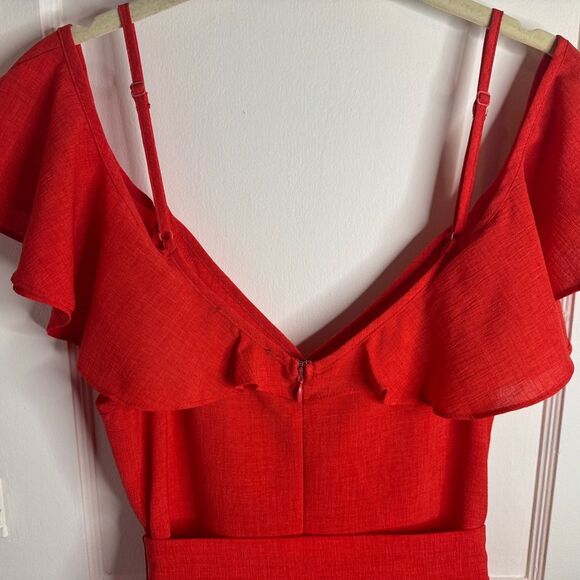 Blue Blush Tomato Red Cold Shoulder Ruffle Romper w/ pockets Sm / Medium Outfit - Picture 5 of 8